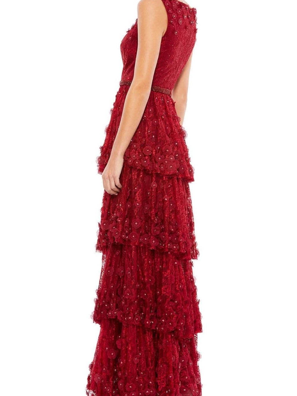 Mac Duggal 67710 Burgundy Sleeveless Tiered Lace Evening Gown